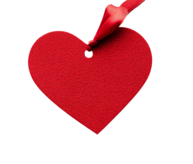 Red heart-shaped tag with a ribbon on a white background for Valentines Day or love occasions