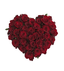A heart-shaped arrangement of red roses created for a romantic celebration or event