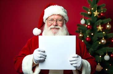 Santa Claus smiling and holding a white sheet paper. Copy space. Red background. Christmas tree in the backdrop. 