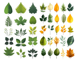 Collection Of Various Green And Yellow Leaves With Autumn Foliage Design Perfect For Nature Illustration Background, Cutout, Isolated on Transparent PNG/White 