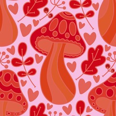 Cartoon autumn harvest seamless Halloween mushrooms pattern