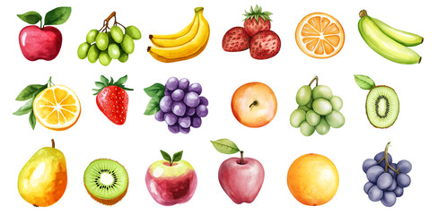 Fresh fruits collection water color illustration with apples grapes bananas oranges strawberries and kiwis, Cutout, Isolated on Transparent PNG Background