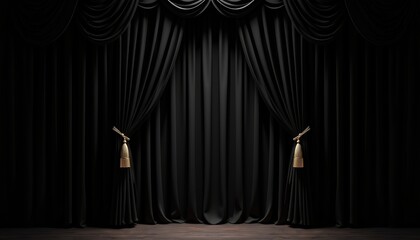 Elegant black theater curtains with golden tassels against dramatic lighting