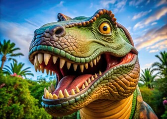 Fototapeta premium Fun and Colorful Cartoon T-Rex Dinosaur with Big Smiling Face and Playful Pose for Kids' Designs