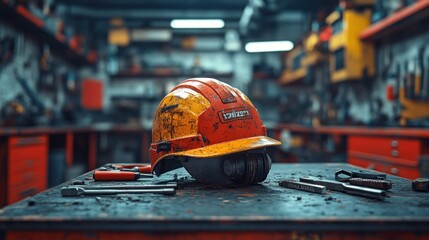 A yellow and orange hard hat sits on a workbench with tools scattered around. The hat is dirty and worn, suggesting it has seen a lot of use.