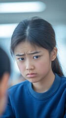 A young girl with a concerned expression sits at a desk, appearing focused and slightly troubled while working on homework in a classroom setting