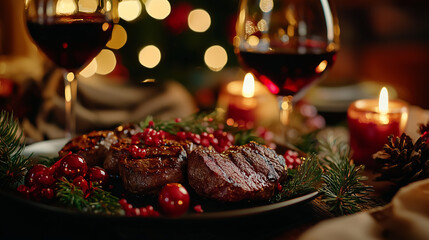 delicious beef meat steak in a restaurant with a glass of wine for dinner