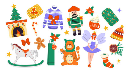 Naklejka premium Holiday gifts. Happy New Year. Merry Christmas. Holly Jolly. December. Elements. Stickers. Set. Trendy collection. Hand drawn. Doodle. Clipart. Cut out. Paper, bows, decoration, fireplace, toy, cloth