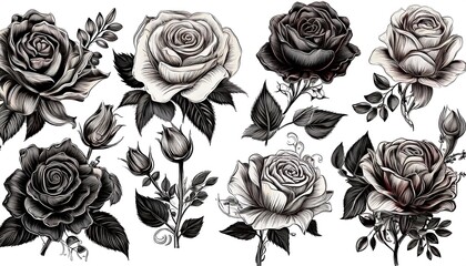 A stunning collection of intricately detailed roses in various blooming stages against a simple background. Generative AI