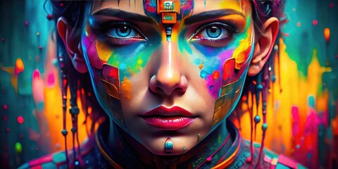 Obraz premium Futuristic Digital Face with Abstract Design and Vivid Colors Representing Technology and Innovation