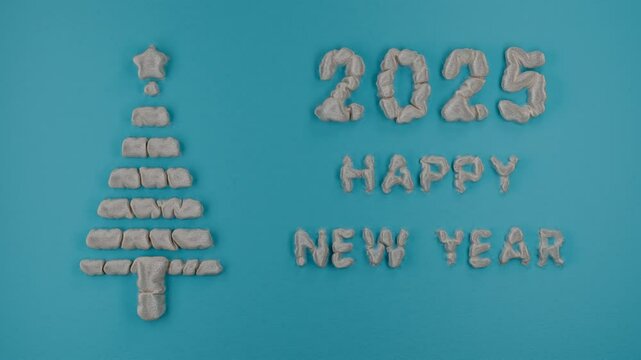 Loop 3d New Year's animation. A blue canvas on the surface of which a New Year's pattern with text and a Christmas tree and the date of the new year 2025 swells.