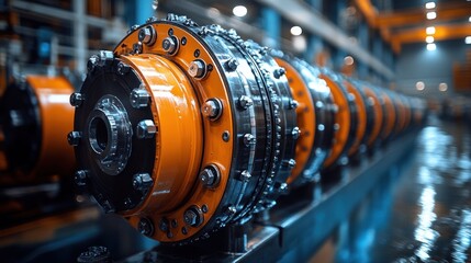 Obraz premium Close-up view of industrial machinery in a factory with metal parts and gears.