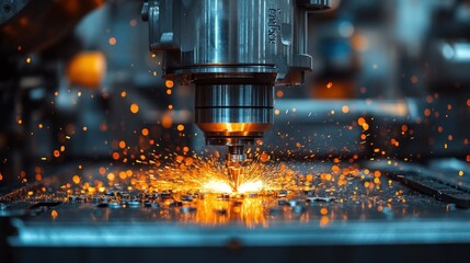 Close-up of a metalworking machine with sparks flying during operation.