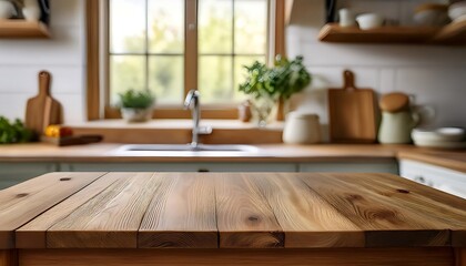 A wooden cutting board on a rustic table in a bright kitchen with a garden view in the background. Generative AI