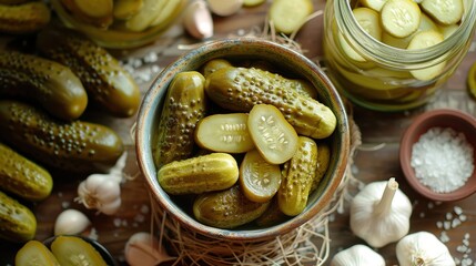 Homemade pickles in a rustic setting with fresh garlic