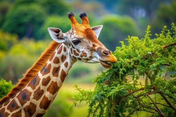 Obraz premium Giraffe Feeding on Leaves and Foliage in Natural Habitat, Exploring Its Diet and Eating Behavior