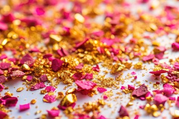 Obraz premium Glittering Pink Gold Flakes on a Clean White Background for Elegant and Modern Design Projects