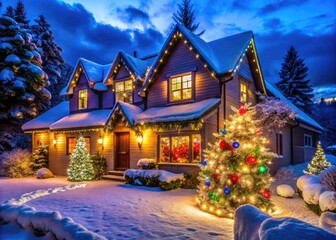 Fototapeta premium Glowing Christmas Lights Decorating a House with Warm Colors in a Winter Wonderland Scene