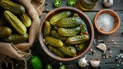 Freshly prepared pickles in a rustic kitchen setting