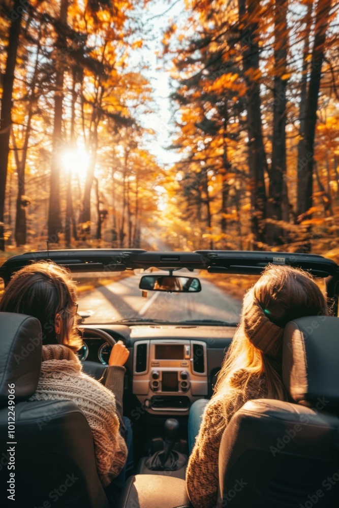 Poster Two people in a car driving through a fall forest. AI.