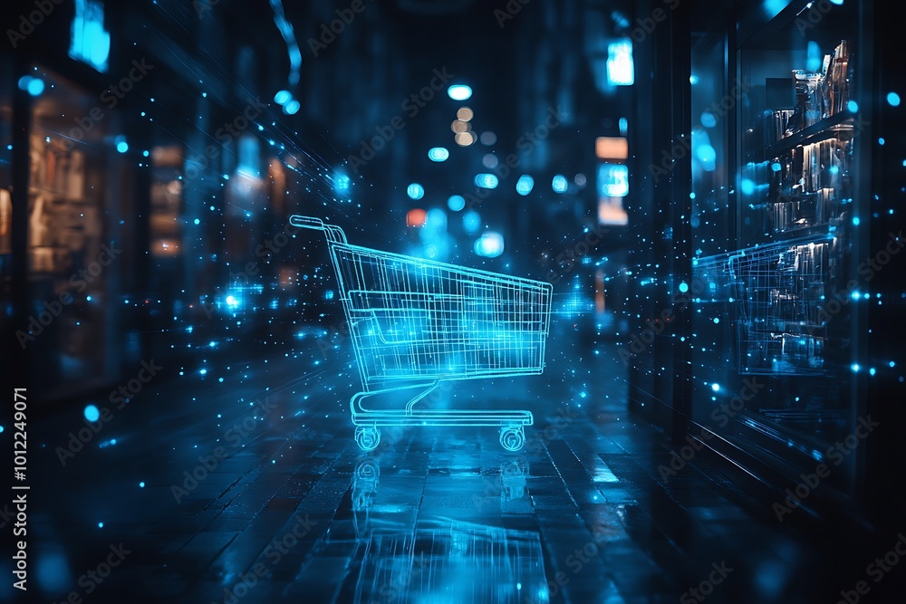 Poster 3d rendering of a shopping cart with glowing lines in a futuristic retail store setting, digital sho