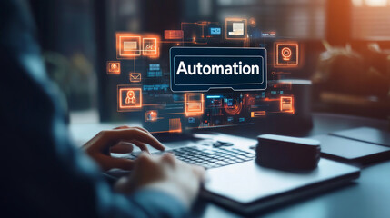  A person working on their laptop with icons and text saying "Automation" 
