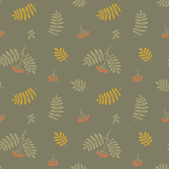Rowan berries and leaves seamless pattern. Graphic autumn branch on dark background. Hand drawn fall illustration and wallpaper art.