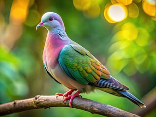 Fototapeta premium Graceful Wood Dove Perched on Branch Against a Blurred Natural Background in Soft Morning Light