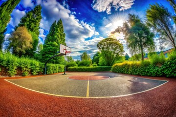 Obraz premium Gravel basketball court surrounded by greenery, offering a unique outdoor sports experience