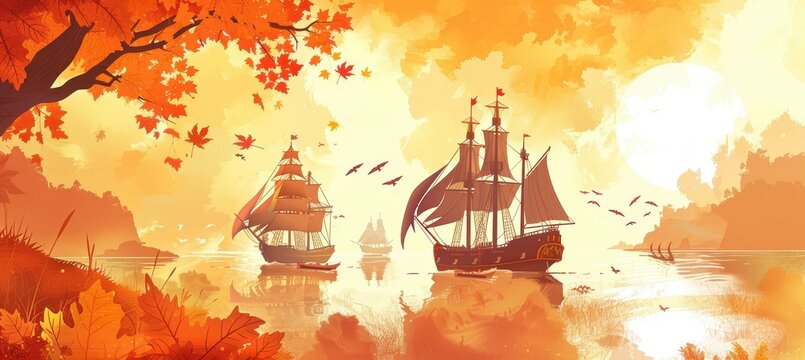 Columbus Day E-commerce Banner Design with Autumn Colors and Ship Imagery for Holiday Sale Promotion