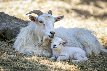 Fototapeta premium Mountain goat with her baby in the mountains