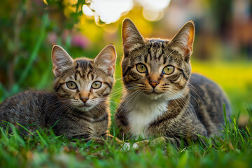 Cat and kitten lying on the ground in the garden