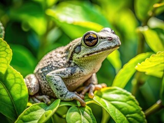 Obraz premium Gray Tree Frog in Texas Habitat, Camouflaged Among Green Leaves on a Sunny Day in Nature