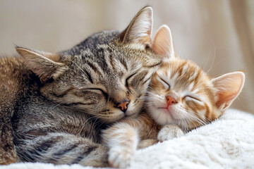 Cat and kitten lying on the ground in the garden
