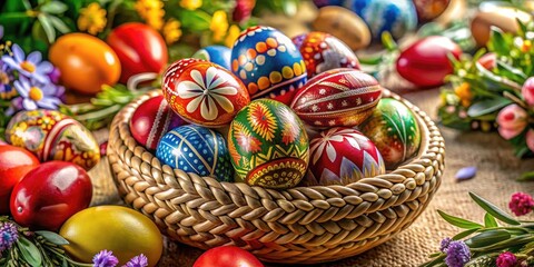 Fototapeta premium Greek Easter Celebration with Colorful Eggs, Traditional Symbols, and Festive Decorations Displayed