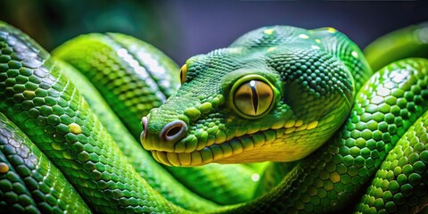 Fototapeta premium Green Rough Snake for Sale: Captivating Serpent with Unique Texture and Vibrant Coloration Displayed