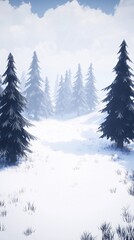Fototapeta premium featuring a frosty ground in the foreground, snow and fog on both sides, forests in the distance, and a lot of clouds. Horizontal perspective, winter, style, 