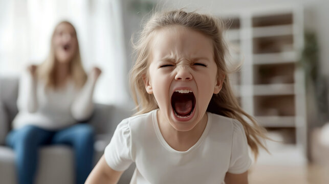 Mom and daughter argue in the living room. A mother and daughter are shouting at home, showcasing a heated moment of conflict and frustration.
