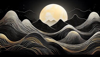 Stylized black and white line art depicting mountains under a golden moon with intricate details and curves. Generative AI