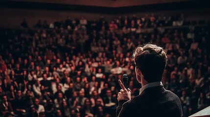 A business professional making a presentation to a large audience in a corporate setting 