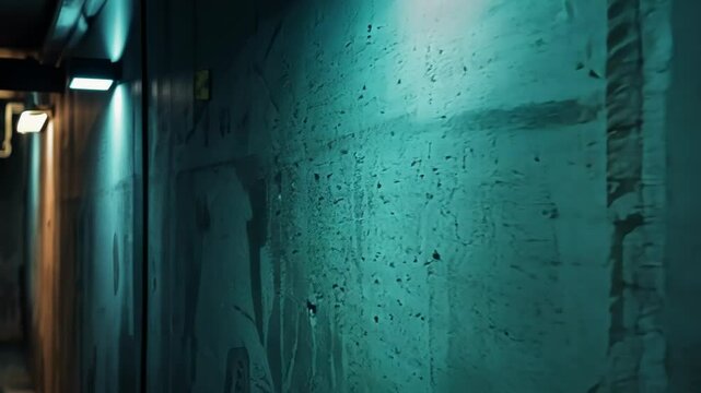 Dimly lit underground corridor exudes an eerie, mysterious atmosphere. Abandoned industrial tunnel with concrete walls and grimy textures evokes fear and anxiety