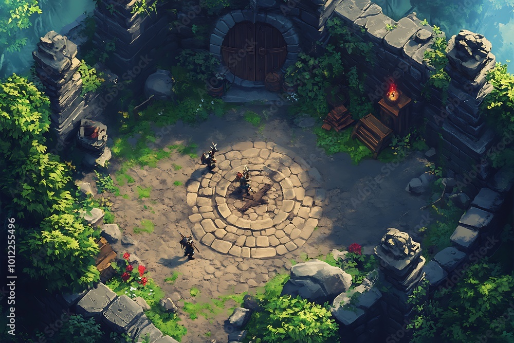 Poster top down view of a circular stone arena in a jungle with 3 figures fighting