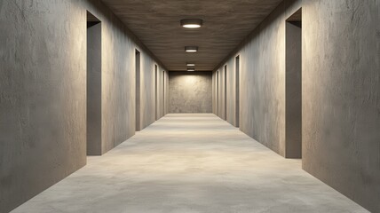 A dimly lit corridor with concrete walls and multiple doorways, creating a sense of depth and minimalism.