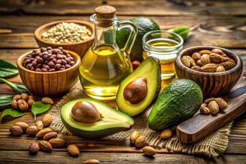 Healthy Fats Collection: Avocado, Olive Oil, Nuts, and Seeds on a Wooden Table for Nutrition Concept