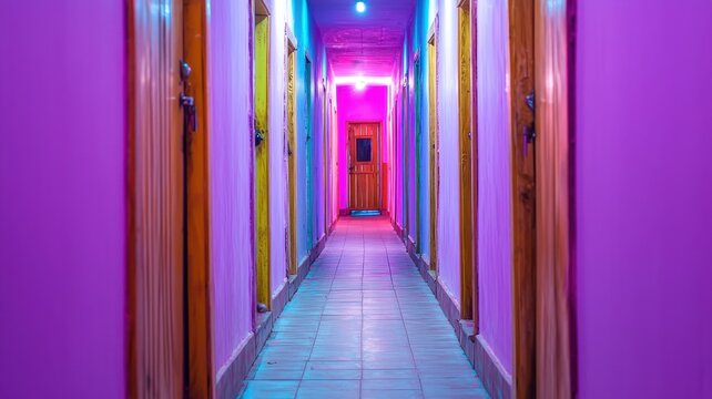 A vibrant hallway illuminated with pink and blue lights, featuring wooden doors on either side, creating an inviting yet intriguing atmosphere.