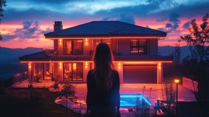 A woman stands silhouetted in front of a large, modern home with a pool. The house is lit up at dusk, and the sky is a vibrant pink and orange.