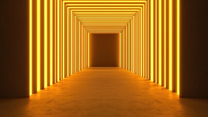 Fototapeta premium A vibrant tunnel illuminated by glowing yellow lights, creating an immersive atmospheric effect and drawing the eye toward the dark end.
