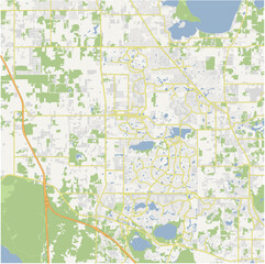 Map of The Villages in Florida in a normal road map style. Contains layered vector with roads water, parks, etc.