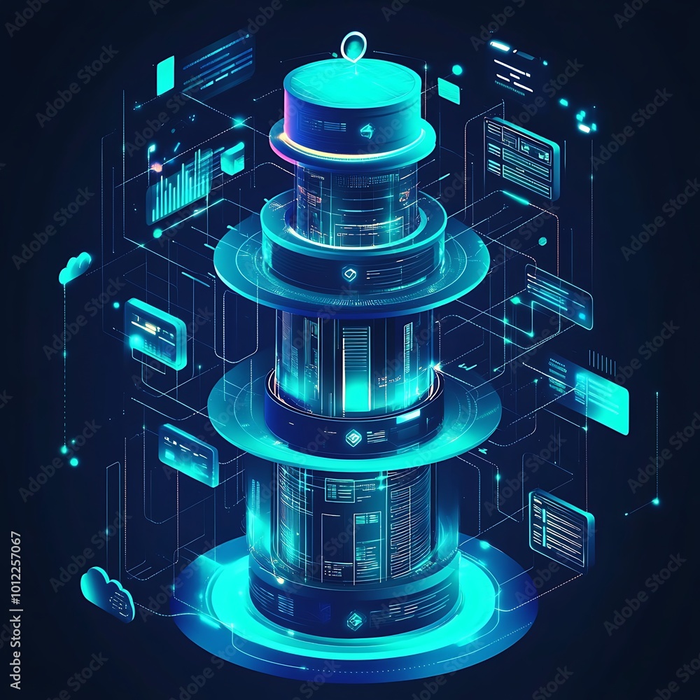 Poster abstract futuristic illustration of a data server with glowing lights. concept of digital data stora