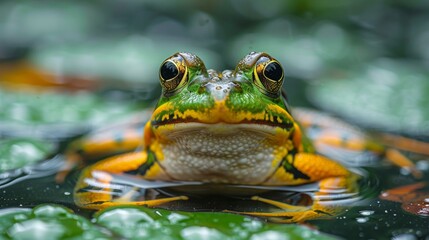 cute and very nice frog hoping in a pond